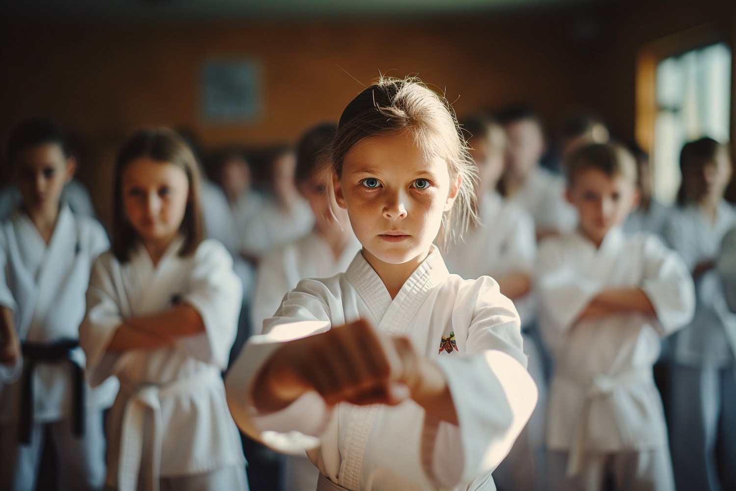 young girl karate in front of other karate kids